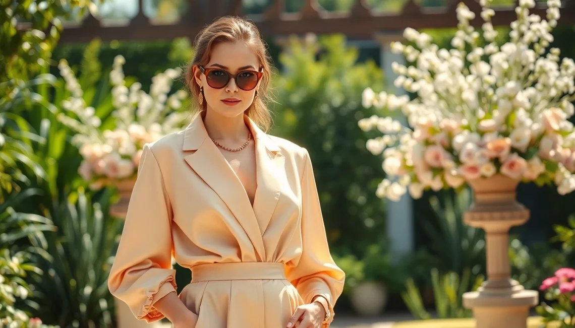 Model presenting a stunning Rivelle outfit amidst a beautifully crafted outdoor garden.