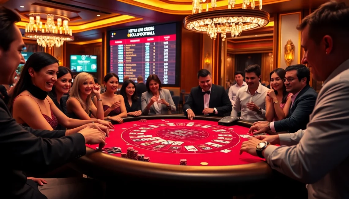 Experience high-stakes gambling at https://kjc.football/ with players at a luxurious casino blackjack table.