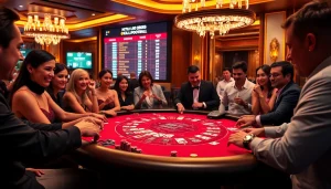Experience high-stakes gambling at https://kjc.football/ with players at a luxurious casino blackjack table.