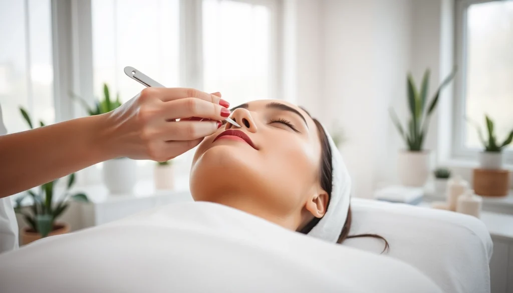 Dermaplane Facial procedure showing a skilled esthetician performing treatment on a client in a relaxing spa.