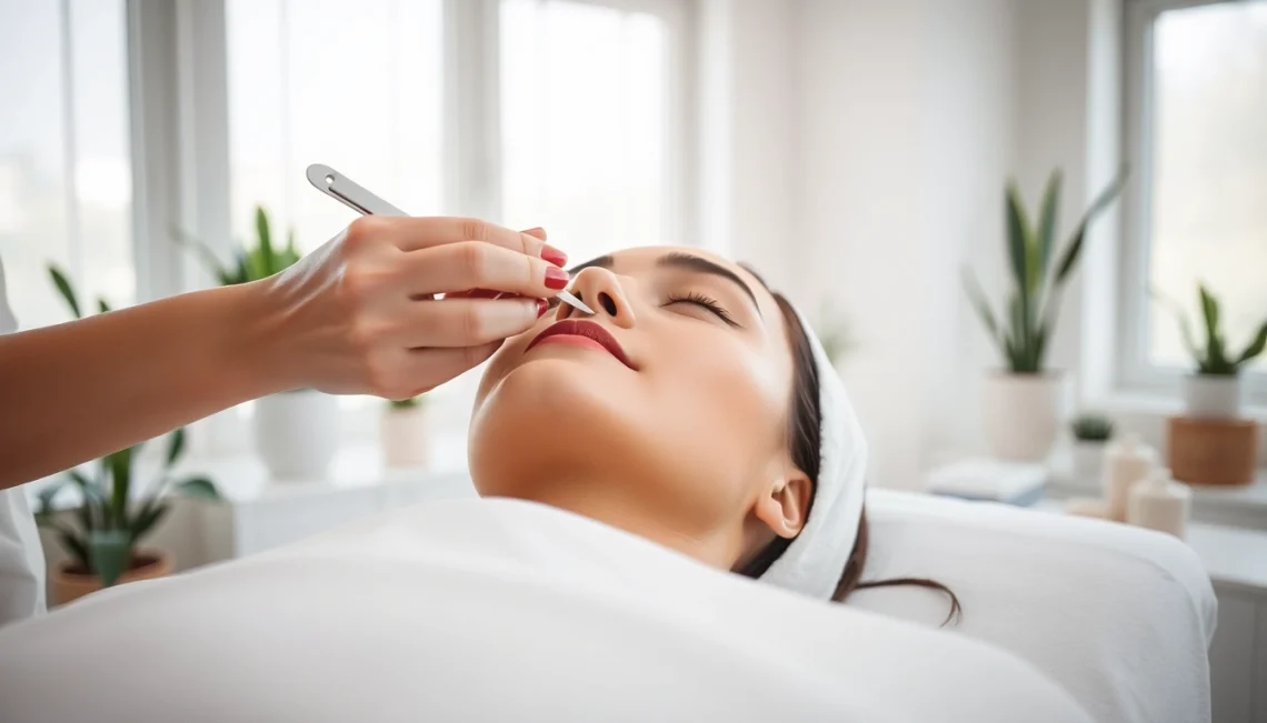 Dermaplane Facial procedure showing a skilled esthetician performing treatment on a client in a relaxing spa.