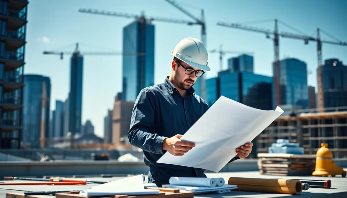 Manhattan General Contractor reviewing blueprints and planning an urban construction project.