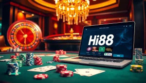 Hi88 online casino engagement with vibrant poker chips and a roulette wheel.