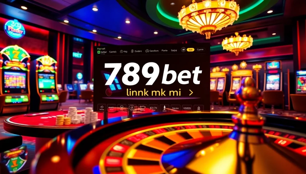 Players engaging with the 789bet link mới on a luxurious casino interface featuring vibrant slots and poker tables.
