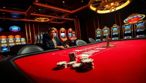 High-stakes poker gameplay representation at a luxurious casino featuring Okwin-themed elements.