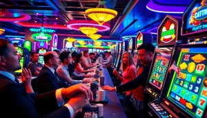 Players engaging with slot machines, showcasing the thrills of a slot bet 100 strategy.