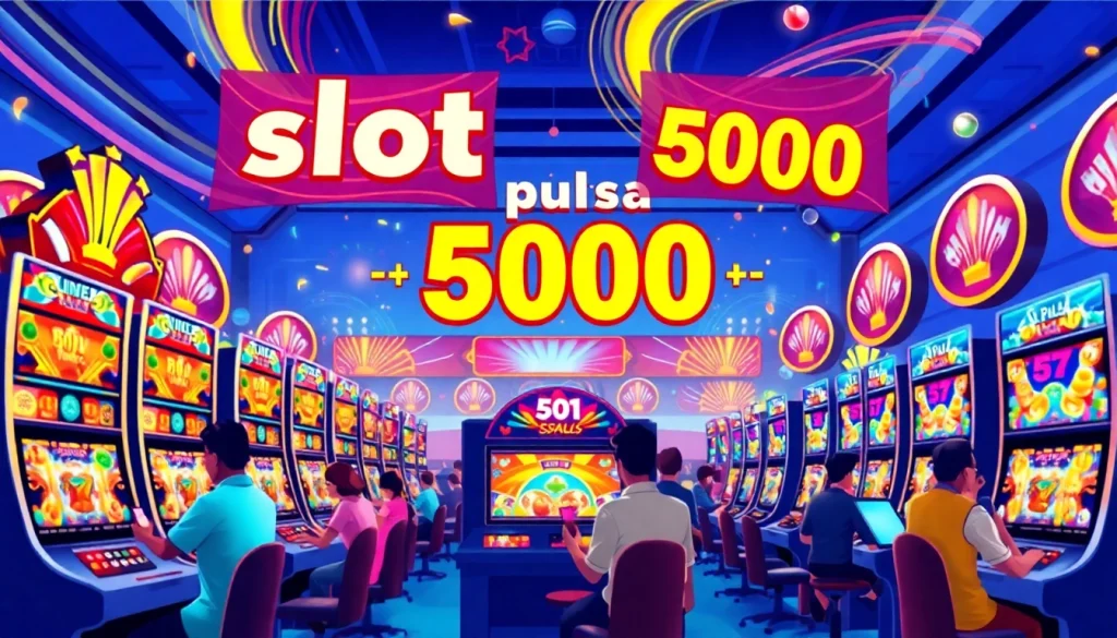 Menggambarkan pengalaman slot pulsa 5000 dengan pemain yang terlibat di lingkungan permainan online yang cerah.