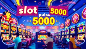 Menggambarkan pengalaman slot pulsa 5000 dengan pemain yang terlibat di lingkungan permainan online yang cerah.