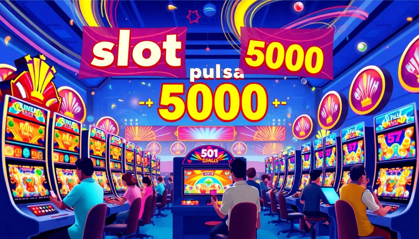 Menggambarkan pengalaman slot pulsa 5000 dengan pemain yang terlibat di lingkungan permainan online yang cerah.