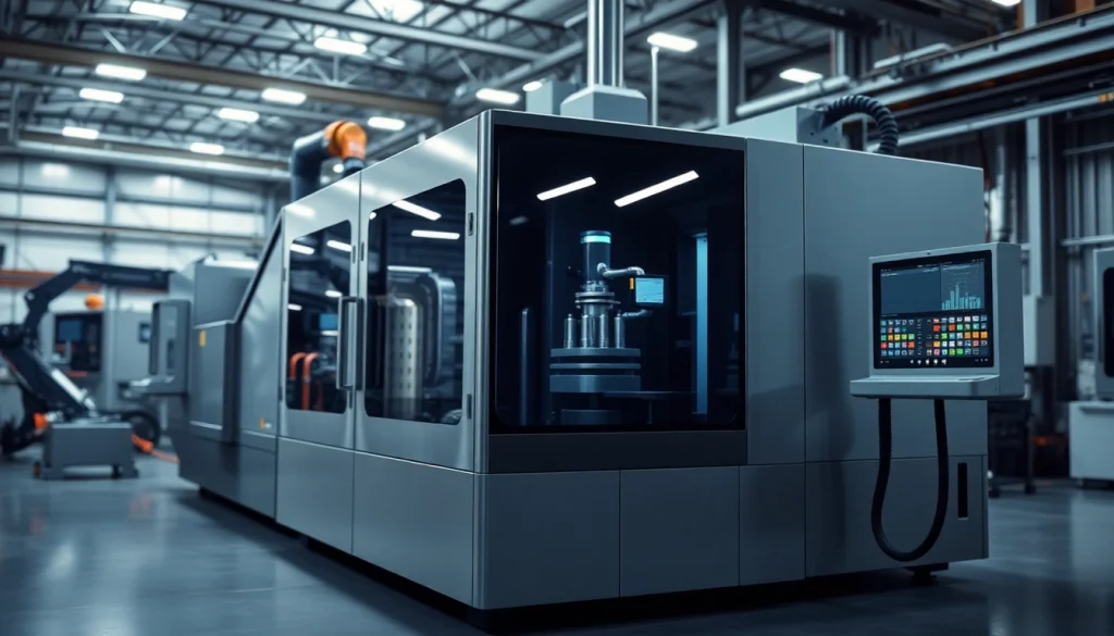 Advanced plastic injection molding machine in a modern factory setting, showcasing innovation and efficiency.