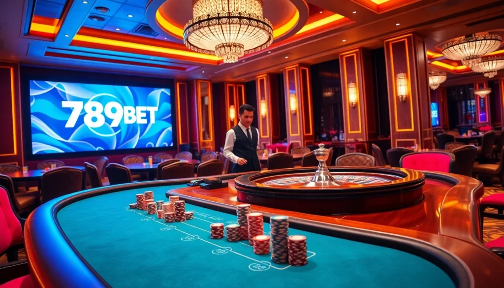 Experience high-stakes poker action at 789BET casino with vibrant atmosphere and professional dealers.