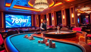 Experience high-stakes poker action at 789BET casino with vibrant atmosphere and professional dealers.