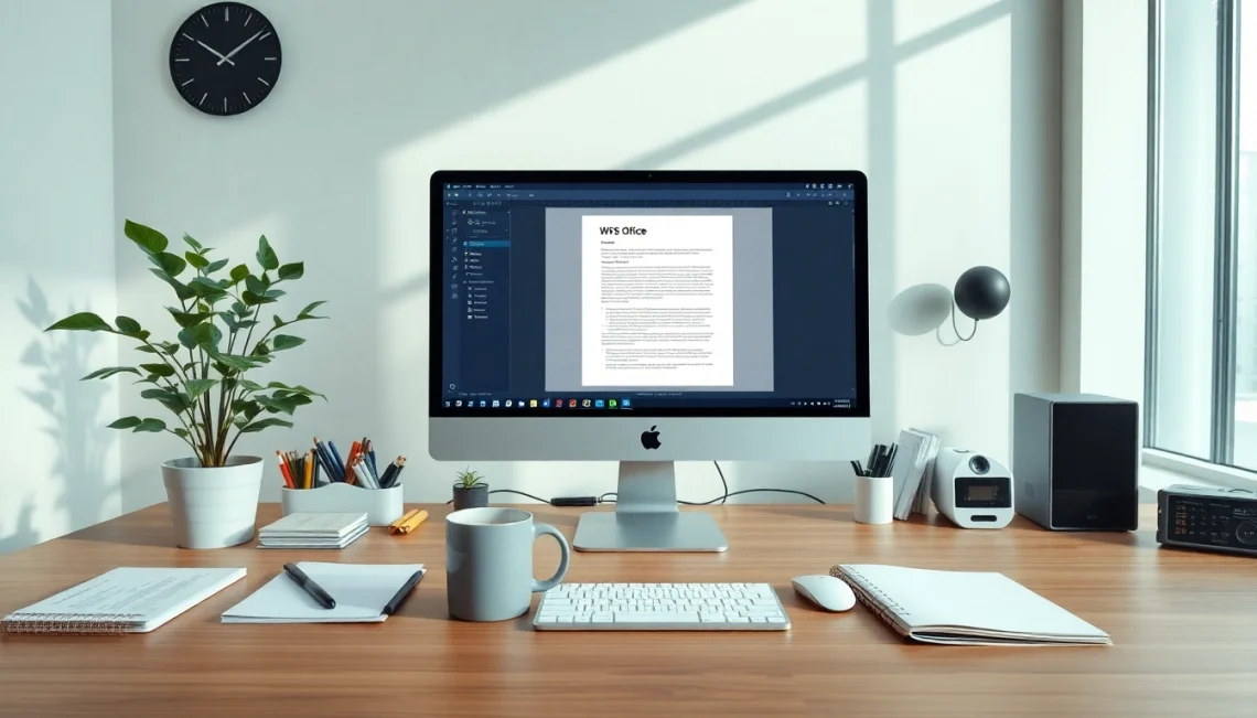 WPS Office download interface shown on a modern desk, symbolizing efficient workflow.