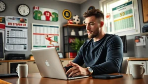 Engaging scene of online sports betting Canada with an athlete in a modern home office.