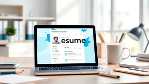 Create a standout Resume Builder interface showcased on a laptop in an inspiring office space.