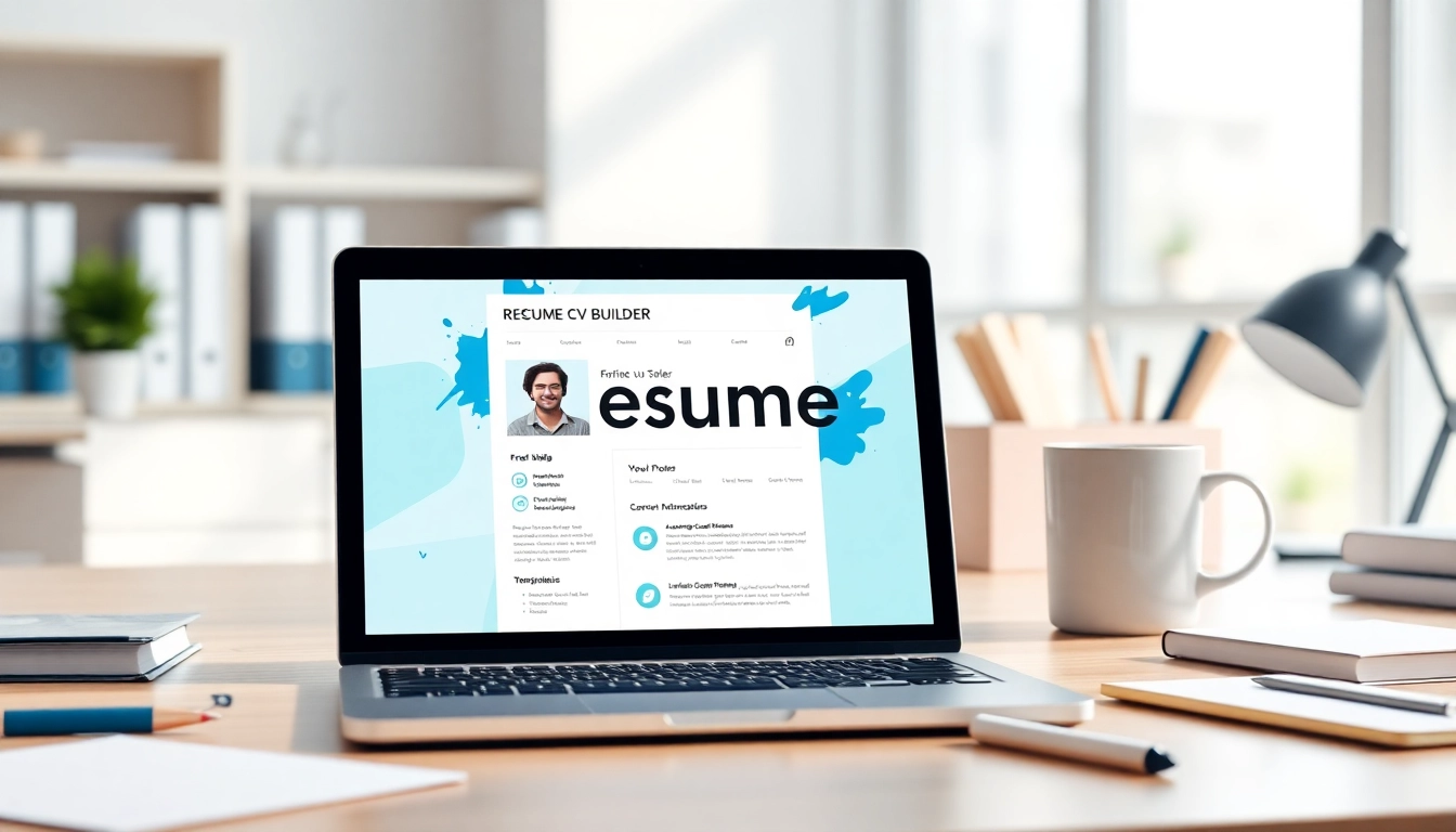 Create a standout Resume Builder interface showcased on a laptop in an inspiring office space.
