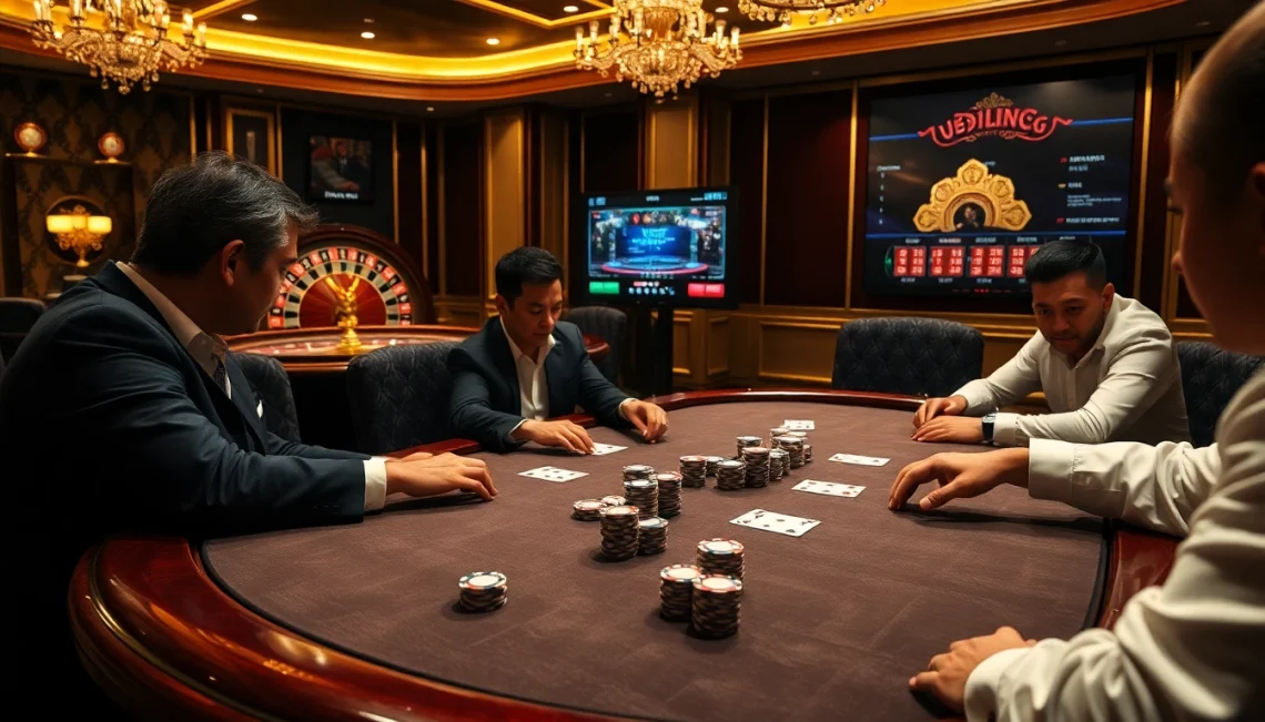 Experience the thrill of 'giải mã nhà cái' at a high-stakes poker table, highlighting luxury and excitement.