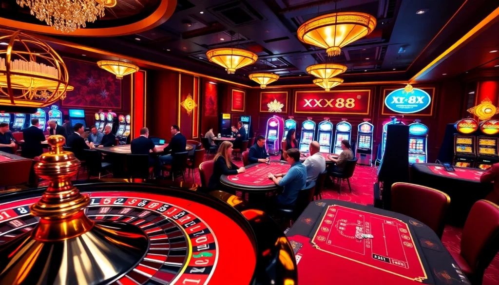 Experience thrilling action at XX 88 casino, featuring players betting at roulette and poker.