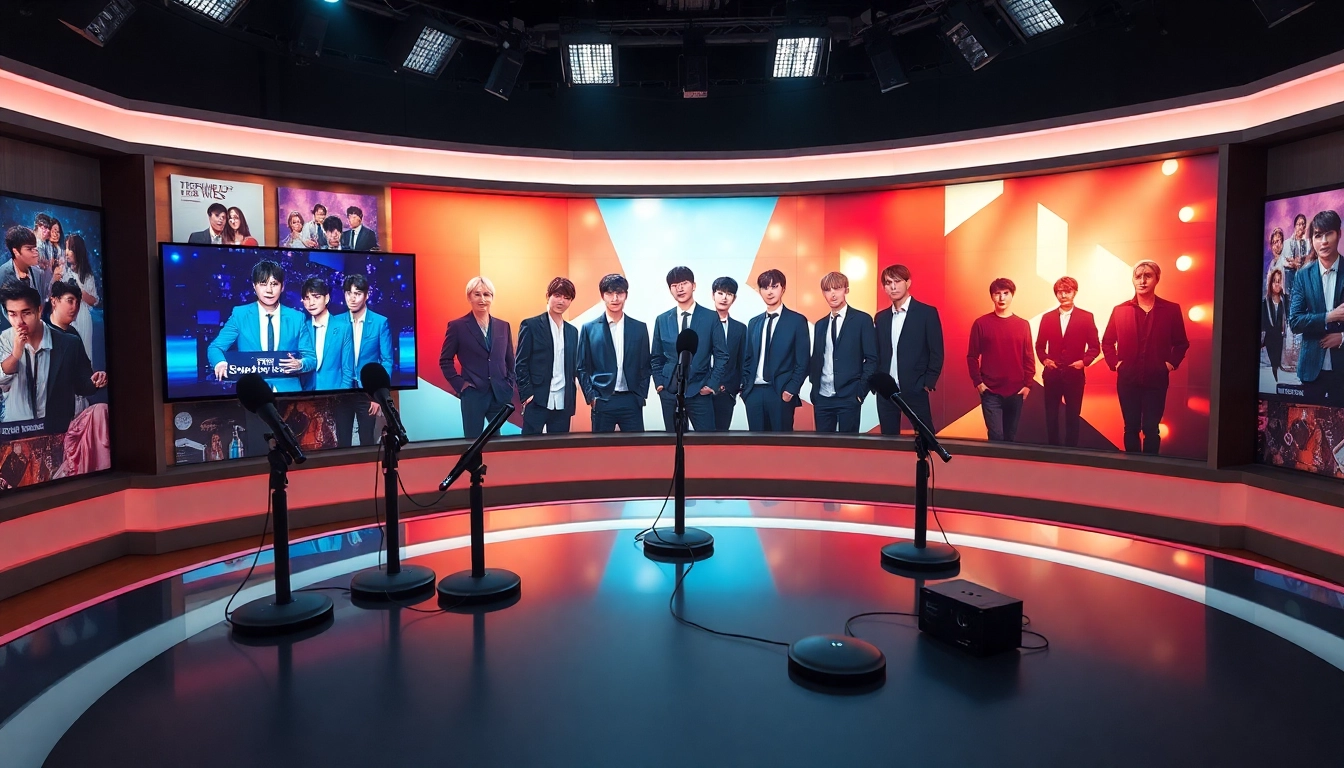 Share the latest BTS news in a vibrant news studio setup, showcasing band posters and dynamic headlines.