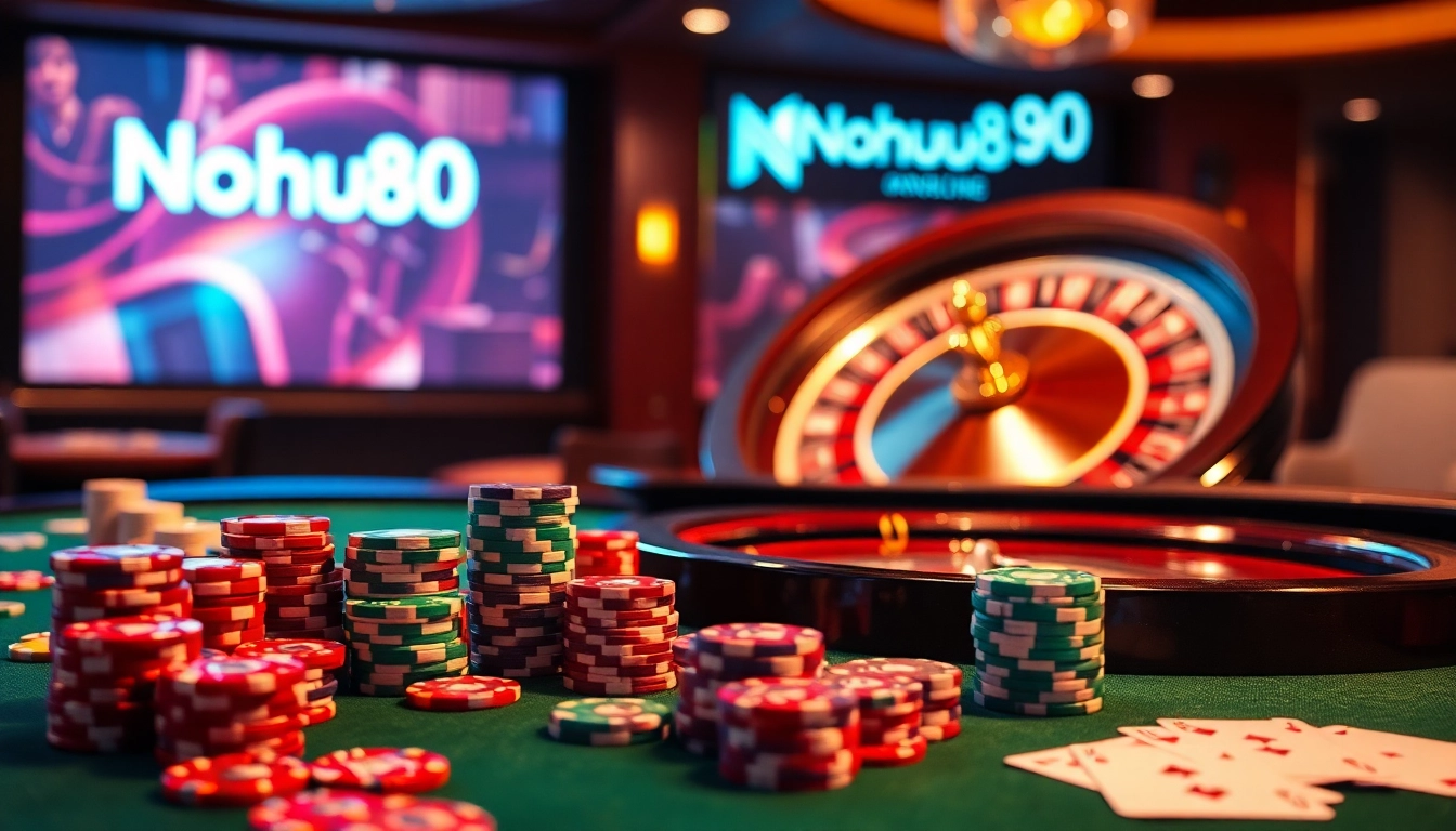 Nohu90 poker chips stacked on a luxurious gaming table with a vibrant roulette wheel