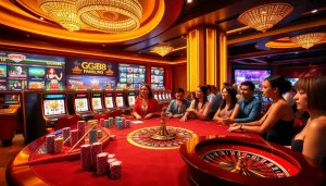 GG88 online casino scene with vibrant gaming tables, poker chips, and elegant decor.
