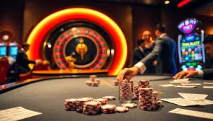 Players engaging in an exciting poker game at THA BET casino filled with vibrant chips and a roulette wheel.