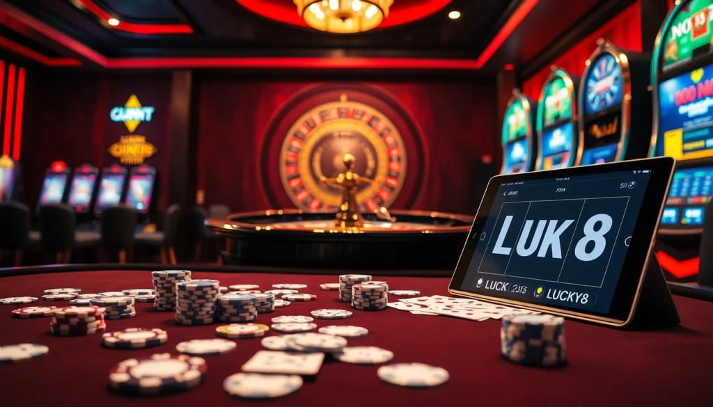 Cảnh casino LUCK8 và LUCKY8 với các chip cược, lá bài và bánh xe roulette phát sáng.