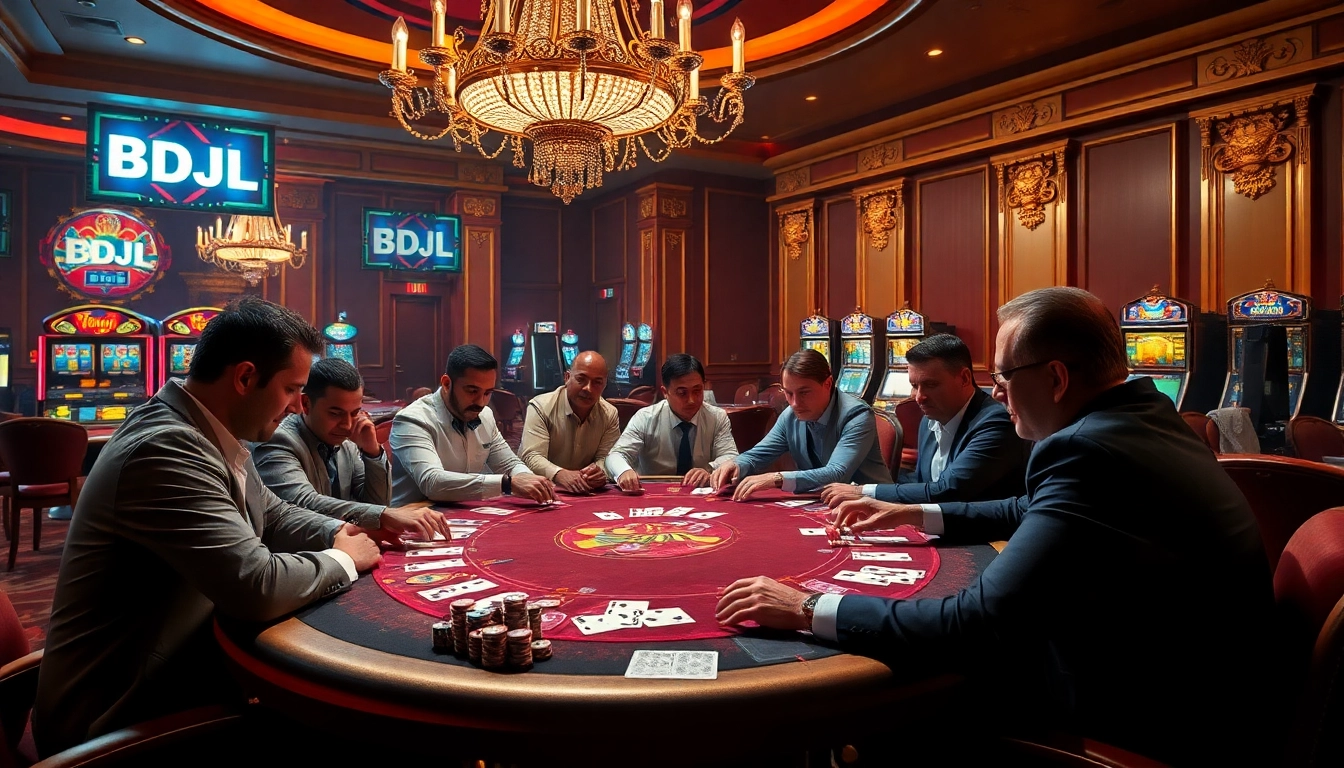 Engaged players at a high-stakes poker table showcasing BDJL with vibrant chips and cards.