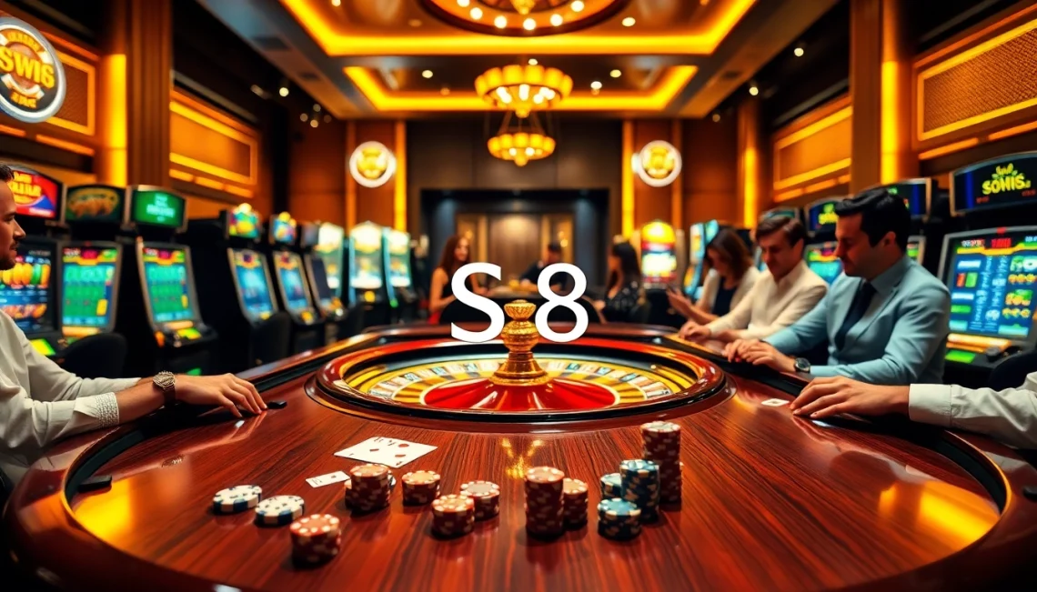 S8 Casino table with vibrant roulette wheel and engaged players, showcasing exciting gambling atmosphere.