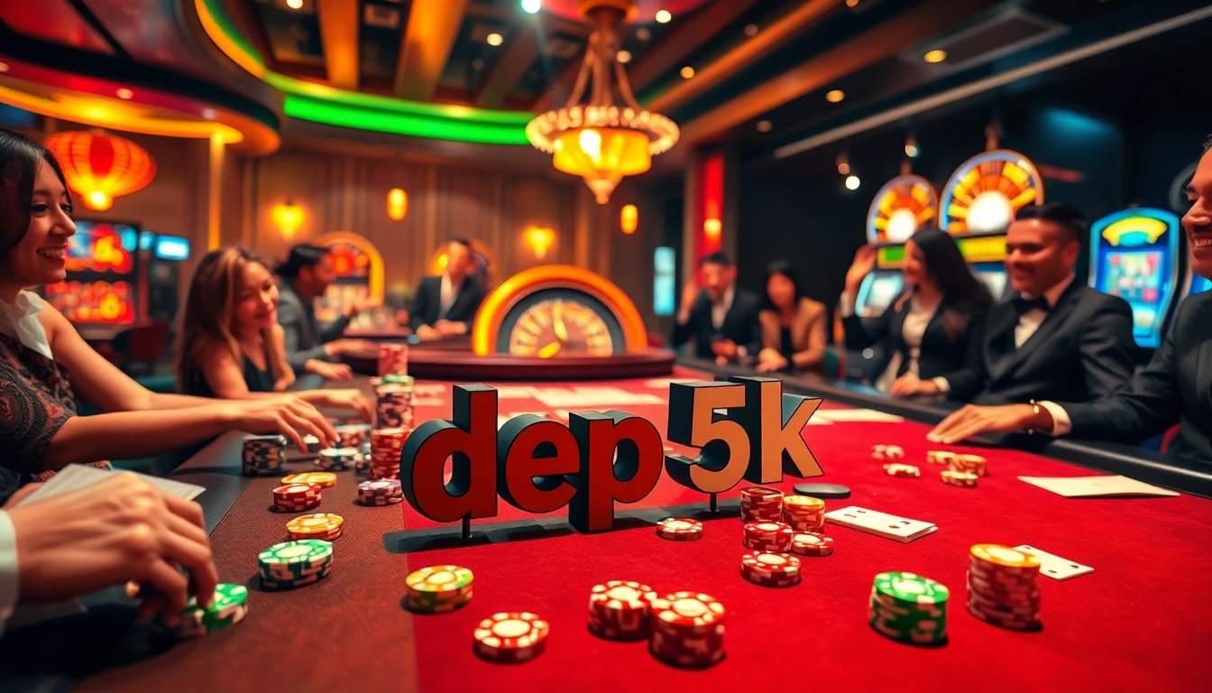 Excited players engaging at a luxurious casino table featuring depo 5k bets and vibrant poker chips.