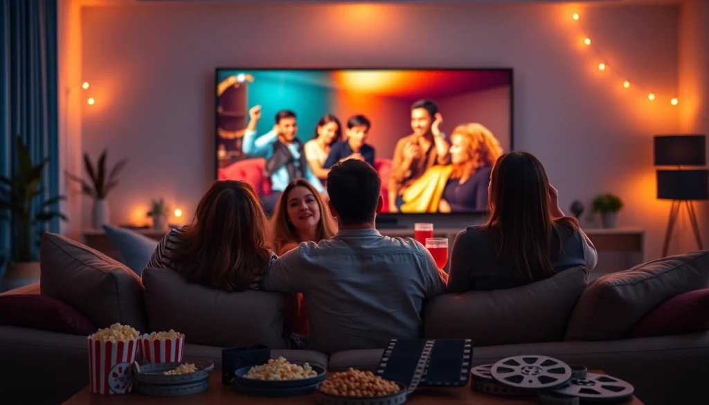 Exciting movie night with friends watching a rebahin film in a cozy home theater.