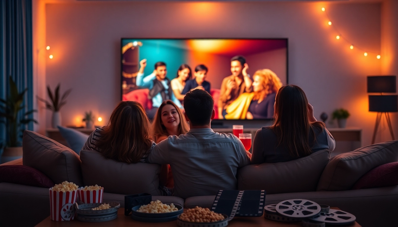 Exciting movie night with friends watching a rebahin film in a cozy home theater.