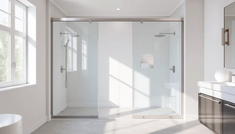 Discover modern sliding shower doors enhancing the elegance of a pristine bathroom setting.