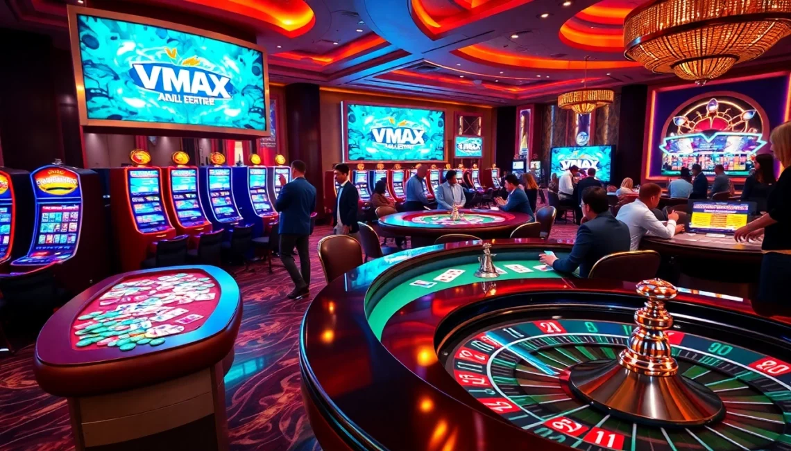 Exciting vmax game action at a luxurious casino showcasing poker chips and vibrant slot machines.