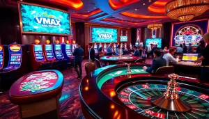 Exciting vmax game action at a luxurious casino showcasing poker chips and vibrant slot machines.
