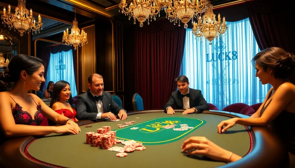 Người chơi đang háo hức tại một bàn chơi chủ đề LUCK8 trong một casino sang trọng, thể hiện sự hào hứng và chiến lược.
