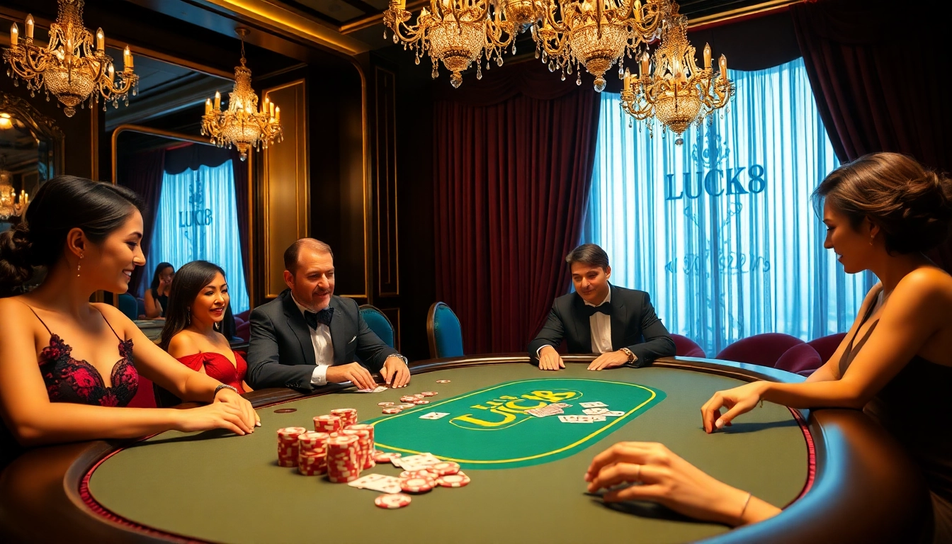 Người chơi đang háo hức tại một bàn chơi chủ đề LUCK8 trong một casino sang trọng, thể hiện sự hào hứng và chiến lược.