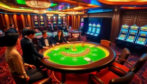 Engaging gamblers at Man88 casino with excitement, showcasing a vibrant blackjack table and roulette wheel.