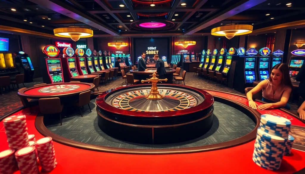 S88bet online casino featuring vibrant poker games and an elegant roulette setup