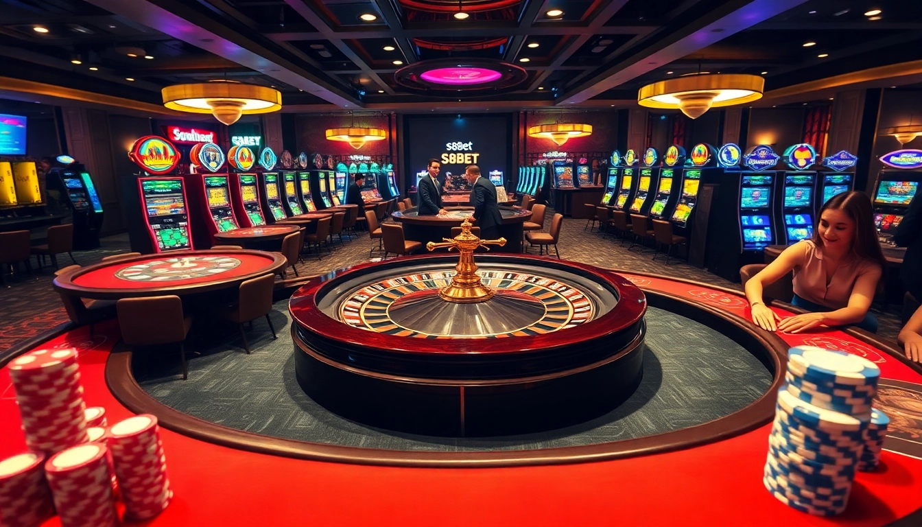 S88bet online casino featuring vibrant poker games and an elegant roulette setup