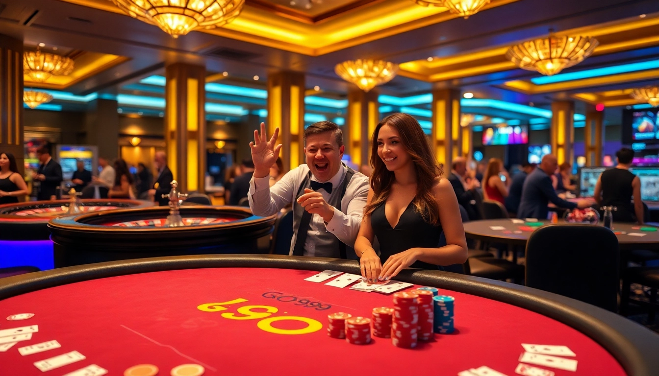 Players celebrate a win at the GO99 poker table in an upscale casino setting.