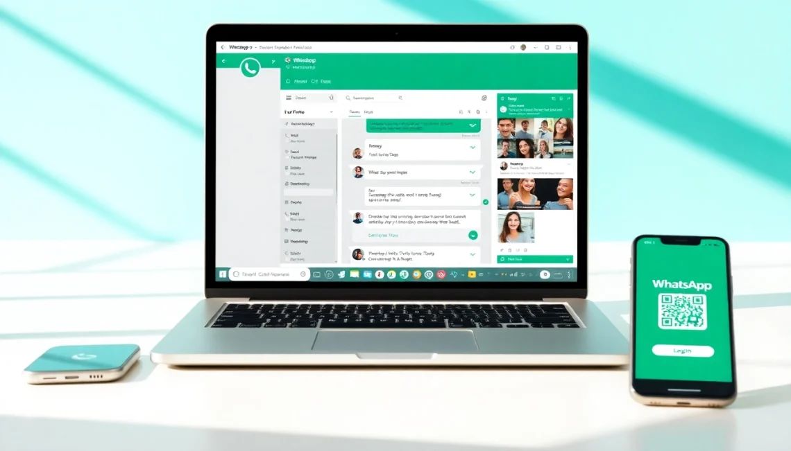 WhatsApp网页版在笔记本电脑屏幕上显示界面，具有丰富的聊天功能，手机用于二维码登录