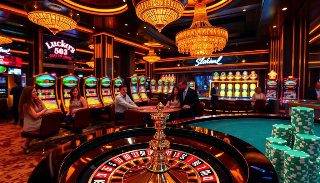 Experience thrilling gameplay at Luckywin with elegant casino tables and vibrant slot machines.