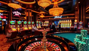 Experience thrilling gameplay at Luckywin with elegant casino tables and vibrant slot machines.