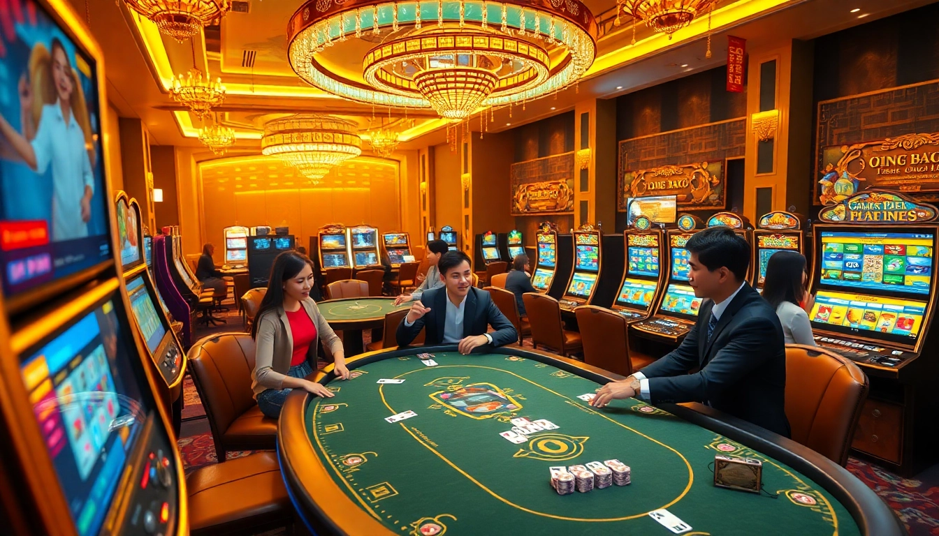 Experience Game Bài VMAX 2026 with excited players at vibrant casino tables.