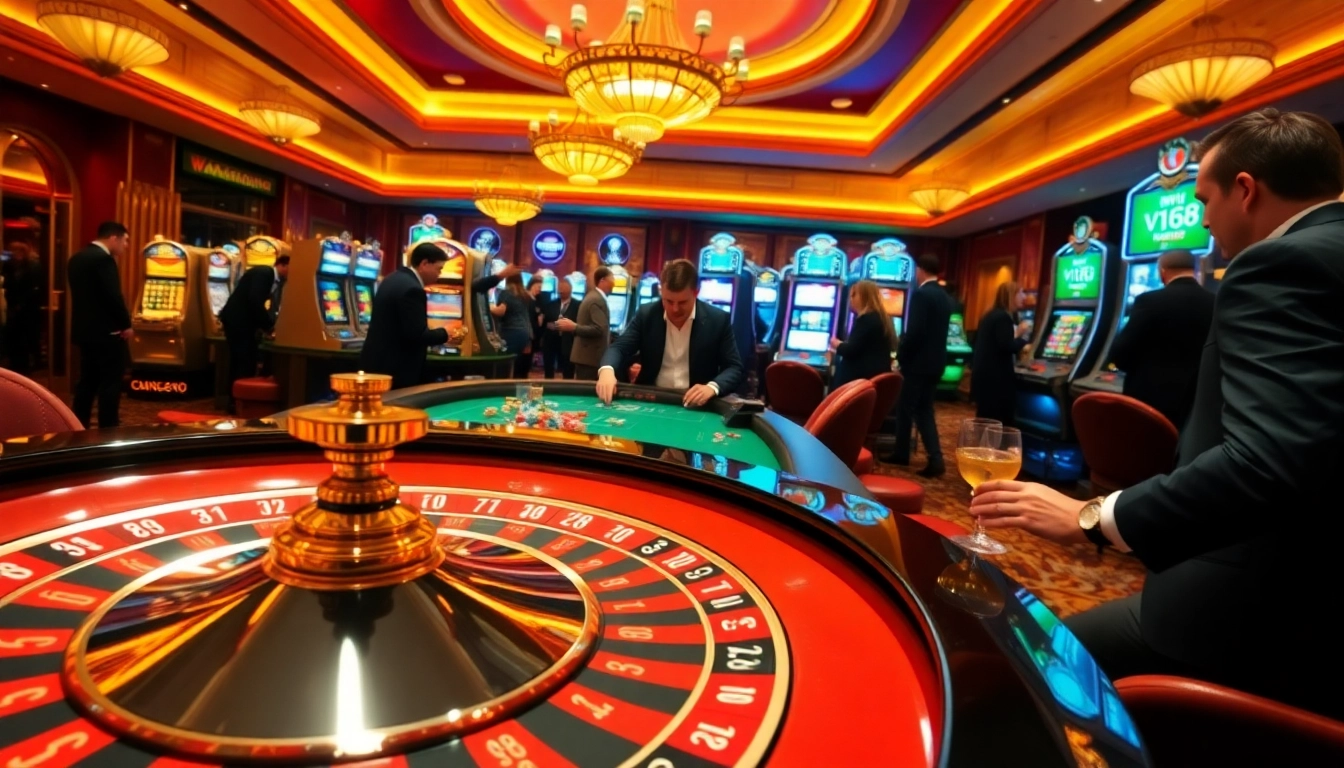 Exciting casino scene featuring vn168 themed roulette tables and joyful players betting high stakes.