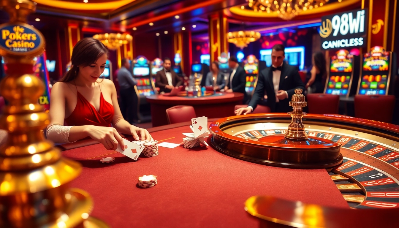 Experience the excitement of high-stakes gambling with 98WIN, featuring vibrant casino tables, cards, and roulette wheels.