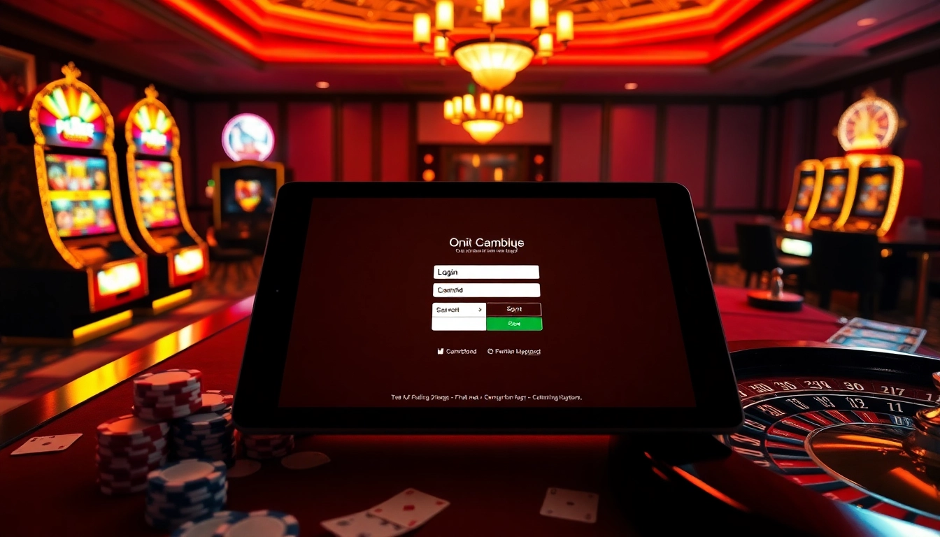 Engaging scene of onicplay login interface amidst luxury casino elements and vibrant slot machines.