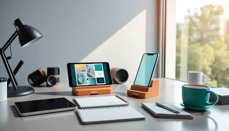 MMOO smartphone holder in a modern workspace showcasing innovation and design.
