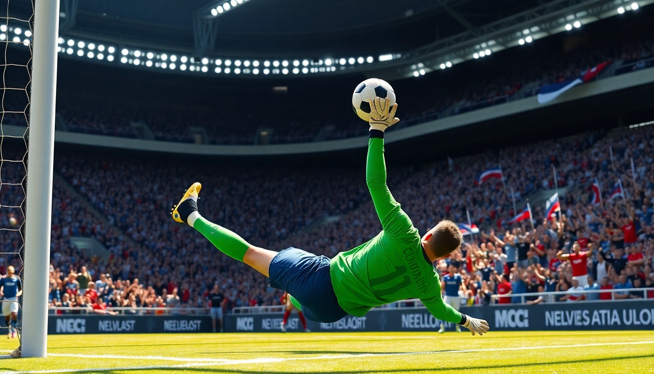 Witness the thrill of ผลบอลบ้าน as a goalkeeper makes an incredible save during an exciting soccer match.